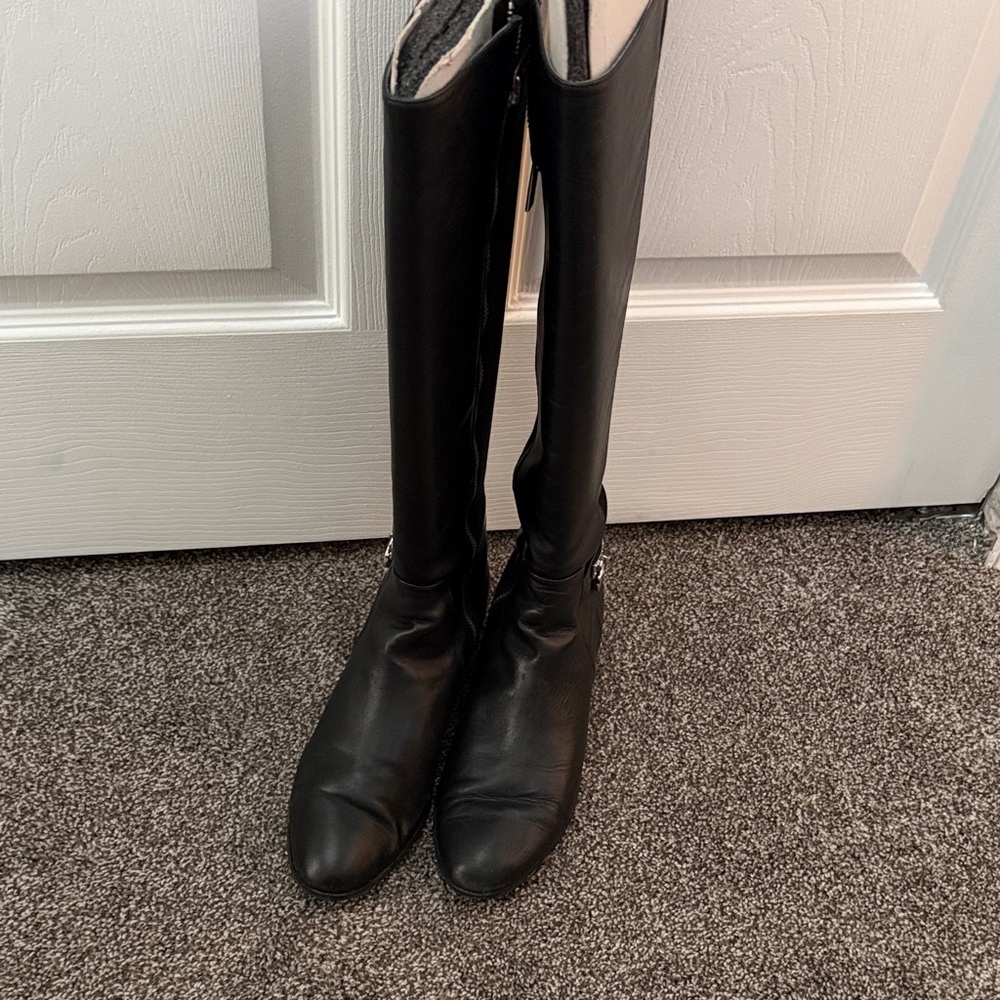Michael Kors Black Knee-High Leather Riding Boots with Silver Hardware - Picture 2 of 6